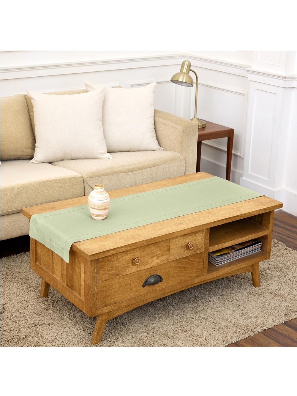 NEW Solino Home 100% Pure Linen Table Runner Sage Green. Classic Hemstitch